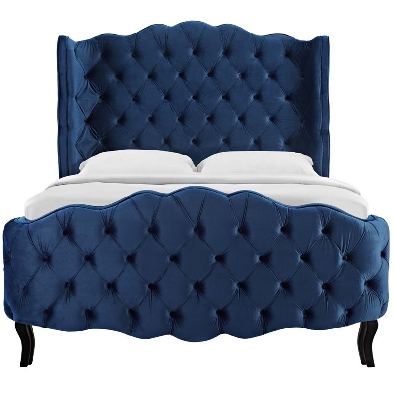 Modway Violette Tufted Wingback Velvet Queen Platform Bed In Navy Homesquare 