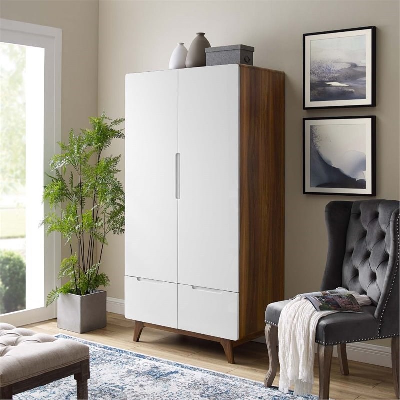 Modway Origin Mid-Century Modern Wardrobe Cabinet in Walnut and White