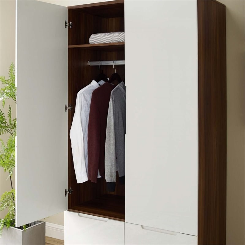 Modway Origin Mid-Century Modern Wardrobe Cabinet in Walnut and White
