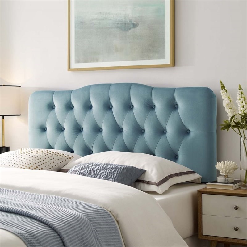 Modway Annabel Diamond Tufted Velvet Full Headboard in Light Blue