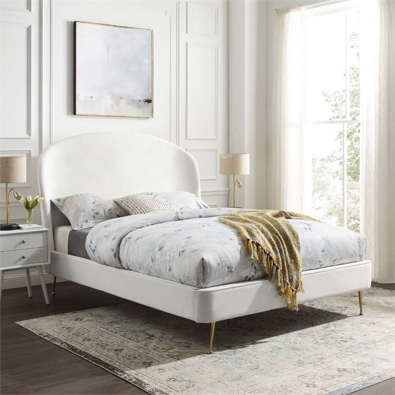 Modway Mira Upholstered Velvet Queen Platform Bed in White | Homesquare