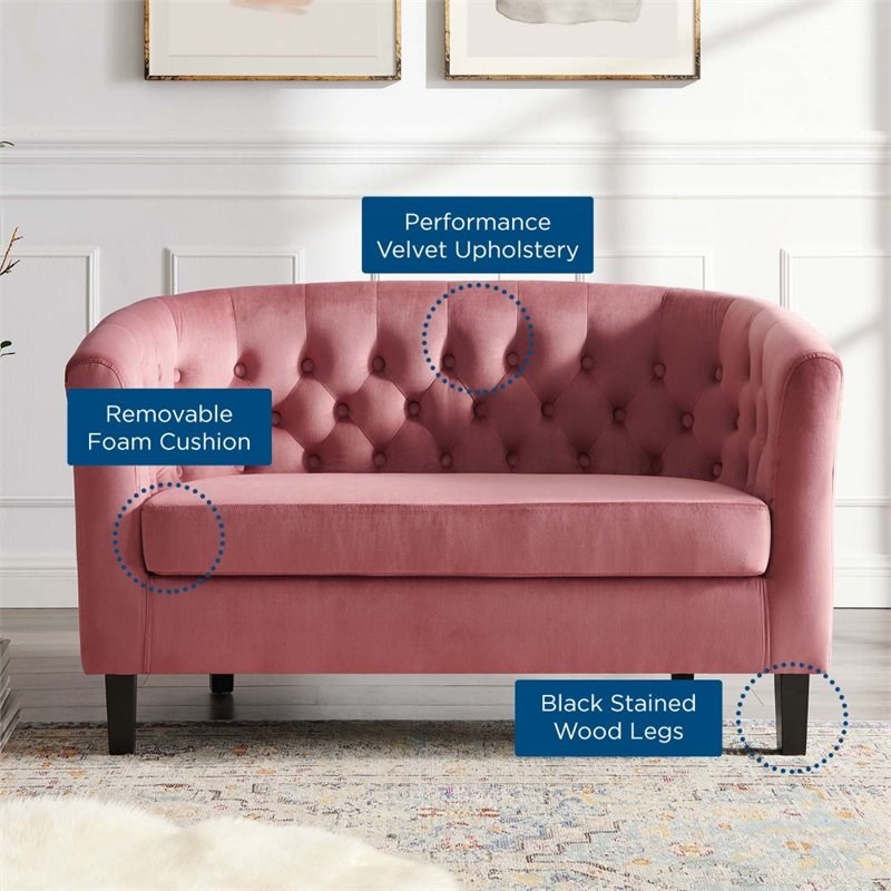 modway prospect performance velvet button tufted loveseat in dusty rose