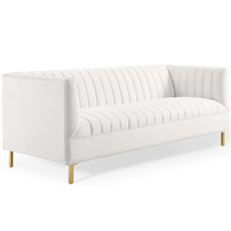 Modway Shift Channel Glam Performance Velvet Tufted Sofa in White
