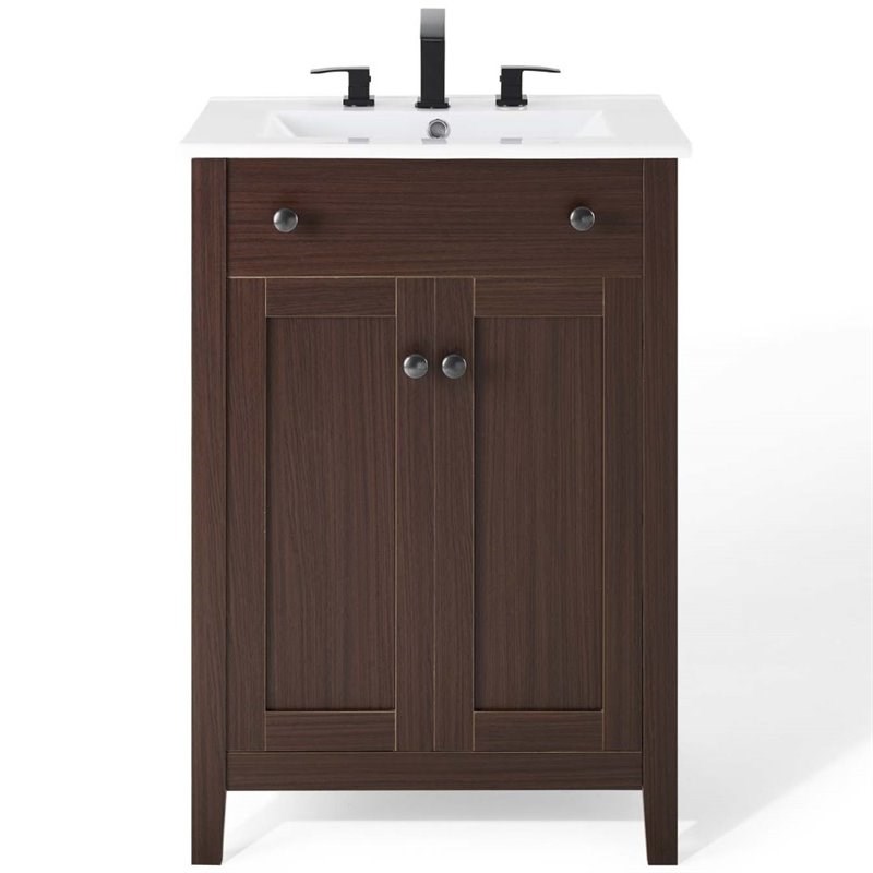 Modway Nantucket 24" Modern Wooden Bathroom Vanity in Walnut and White