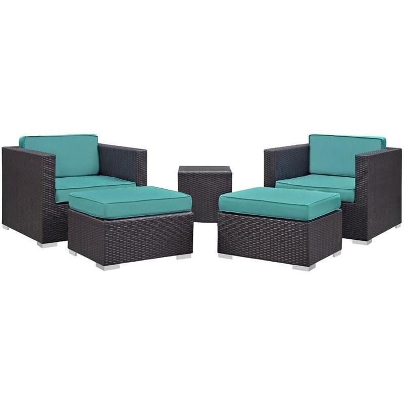 Modway Convene 5 Piece Outdoor Sofa Set in Espresso and Turquoise