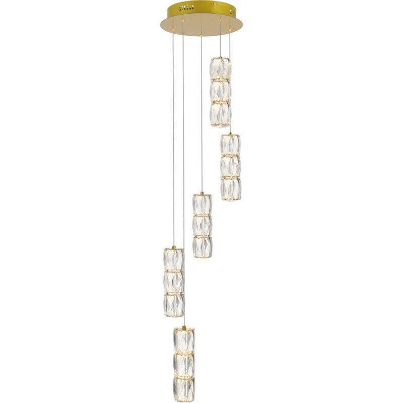 Elegant Lighting Polaris 5 Light Royal Cut Crystal LED Pendant in Gold