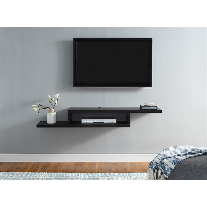 Asymmetrical Wall Mounted Wood TV Console Entertainment Center 60-inch Black