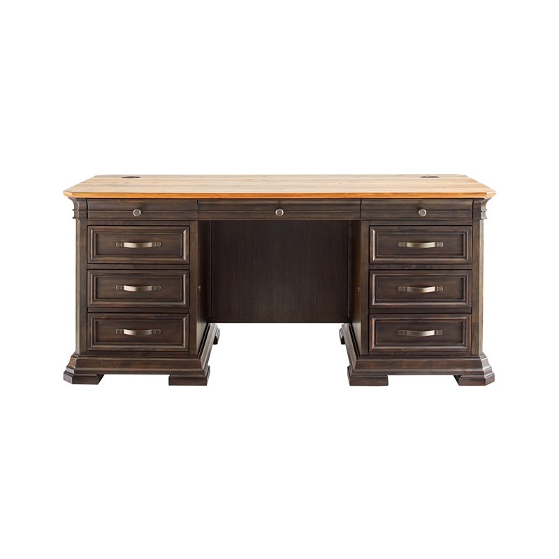 Double Pedestal Executive Desk Solid Wood Plank Top Fully Assembled Brown