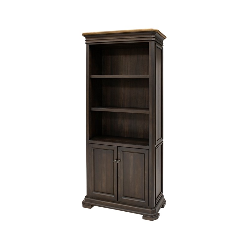 Executive Bookcase With Wood Doors Mildly Distressed Fully Assembled Brown