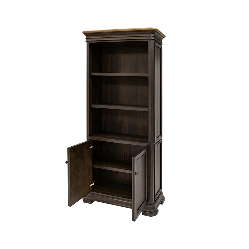 Executive Bookcase With Wood Doors Mildly Distressed Fully Assembled Brown