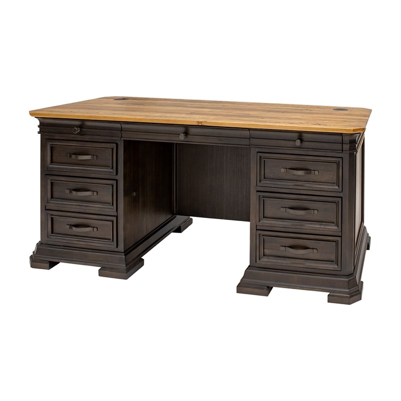 Executive Credenza Desk Writing Table With Solid Wood Plank Top Brown