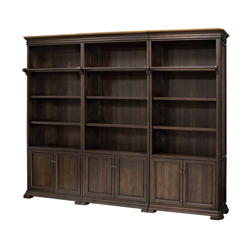 Executive Bookcase Wall With Wood Ladder Fully Assembled Brown
