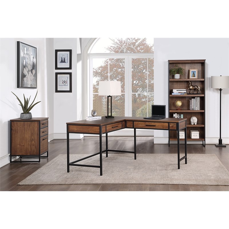 Industrial Wood Writing Desk and Return Open L-Shaped Table and Return Brown