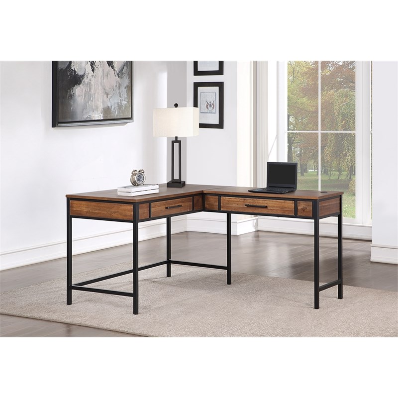 Industrial Wood Writing Desk and Return Open L-Shaped Table and Return Brown