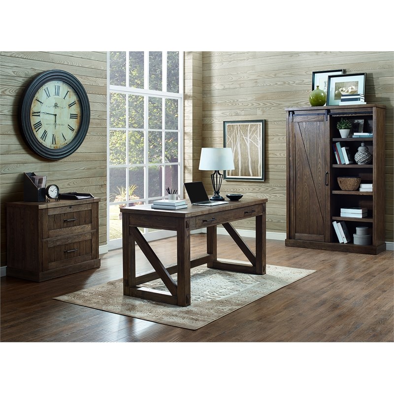 Avondale Rustic Barn Door Bookcase Wood Shelving Office Bookcase Brown