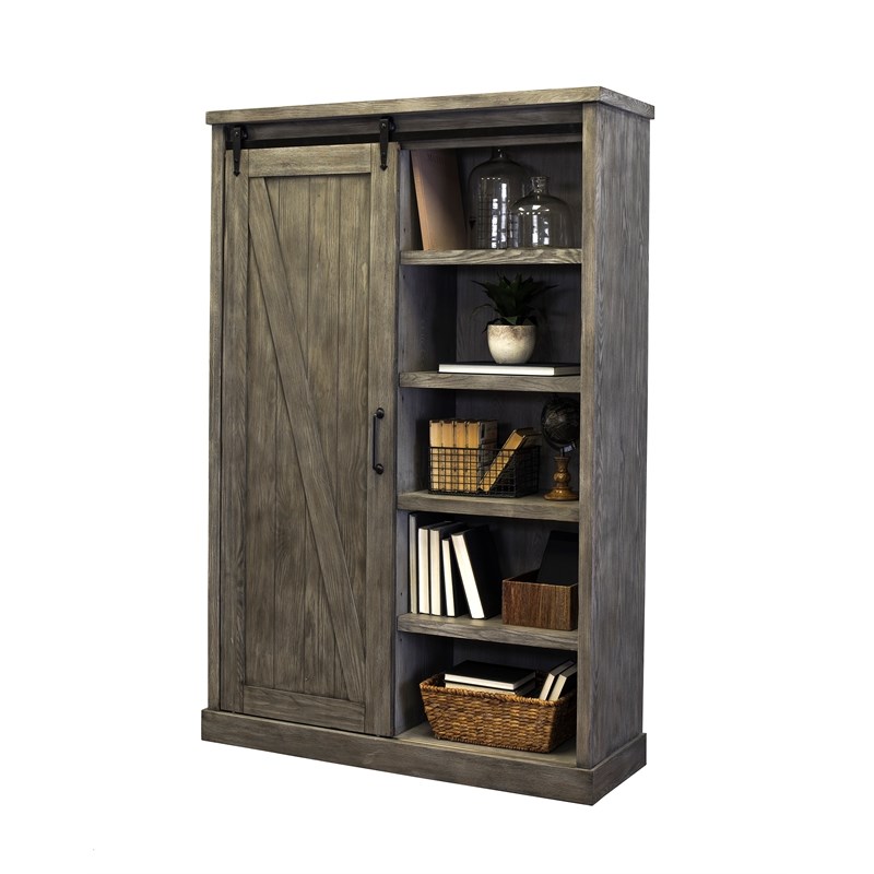 Avondale Rustic Barn Door Bookcase Wood Shelving Office Bookcase Gray