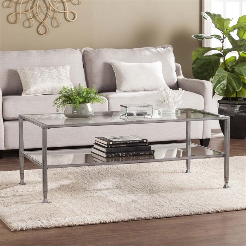SEI Furniture Jaymes Glass Top Metal Coffee Table in Silver