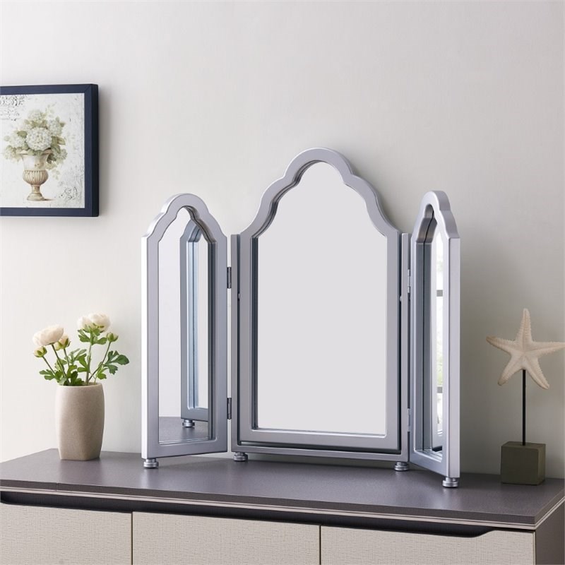 SEI Furniture Archlyn Trifold Scalloped Vanity Mirror in Matte Silver
