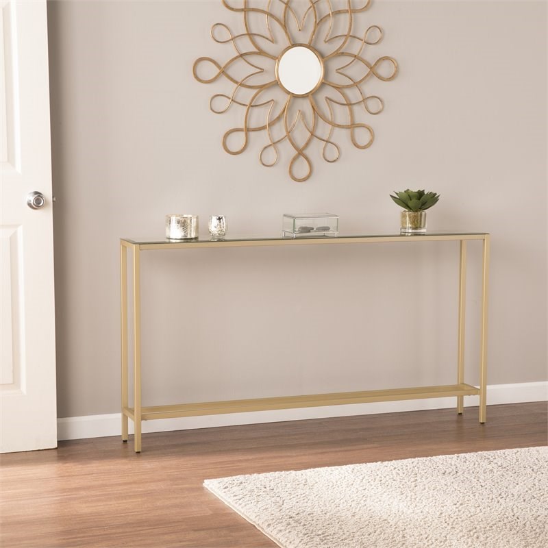 SEI Furniture Darrin Narrow Mirror Top Console Table in Gold | Homesquare