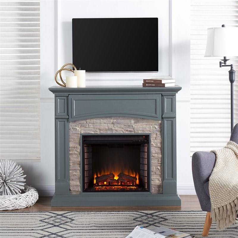 SEI Furniture Seneca Electric Fireplace TV Stand in Gray Weathered Stone