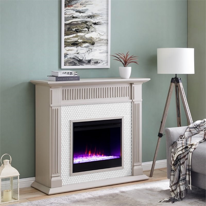 SEI Furniture Chessing Penny Tiled Smart Electric Fireplace in Gray