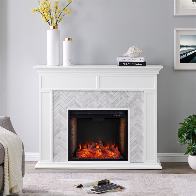 SEI Furniture Torlington Tiled Marble Smart Electric Fireplace in White