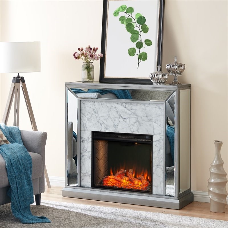 SEI Furniture Trandling Mirrored Faux Stone Smart Electric Fireplace