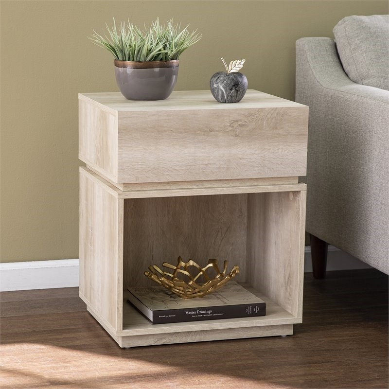 SEI Furniture Mortayne Wooden Charging Side Table in White Washed Oak