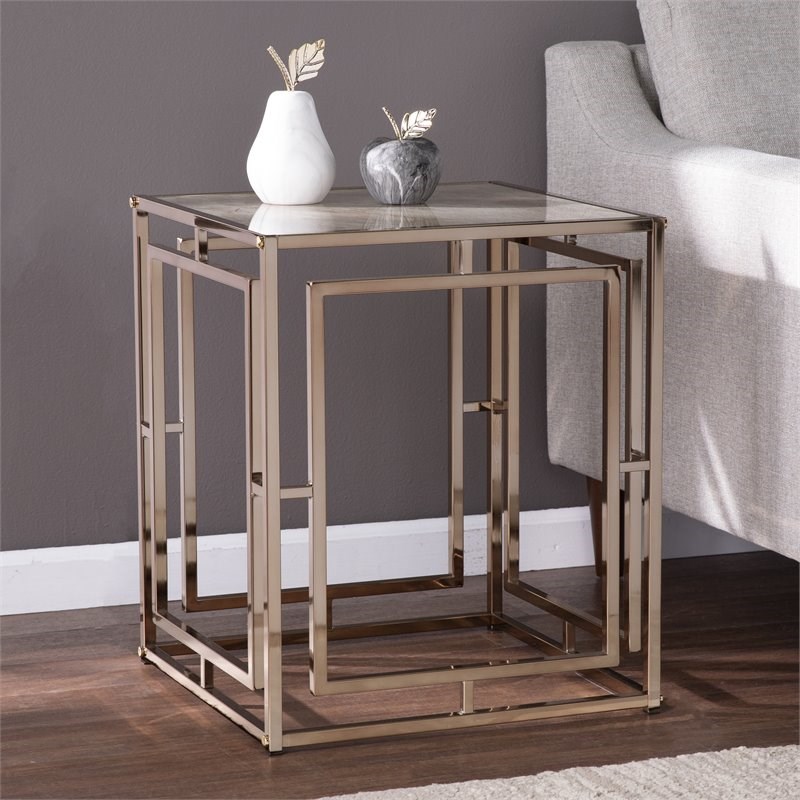 SEI Furniture Simondley Metal-Faux Marble End Table in Champagne Gold
