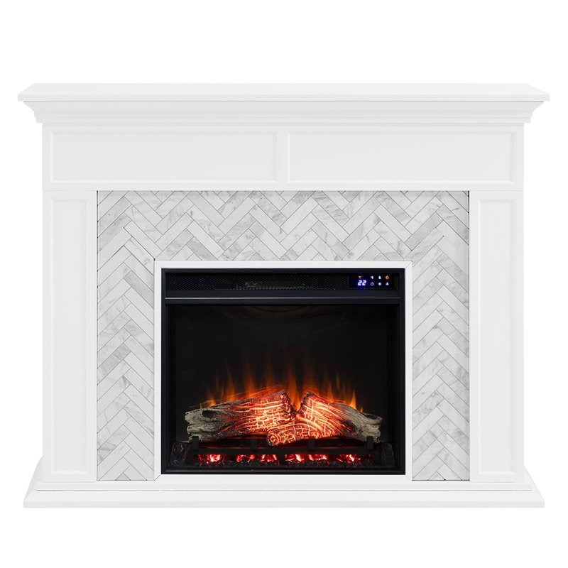 SEI Furniture Torlington Wood-Marble Tiled Electric Fireplace in White