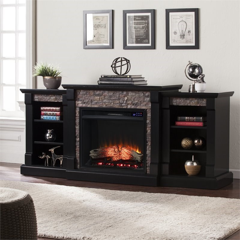 SEI Furniture Gallatin Wood Electric Fireplace with Bookcase in Black