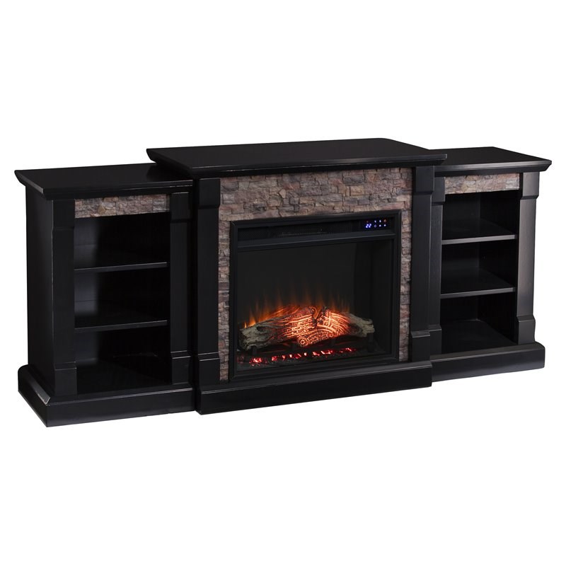 SEI Furniture Gallatin Wood Electric Fireplace with Bookcase in Black