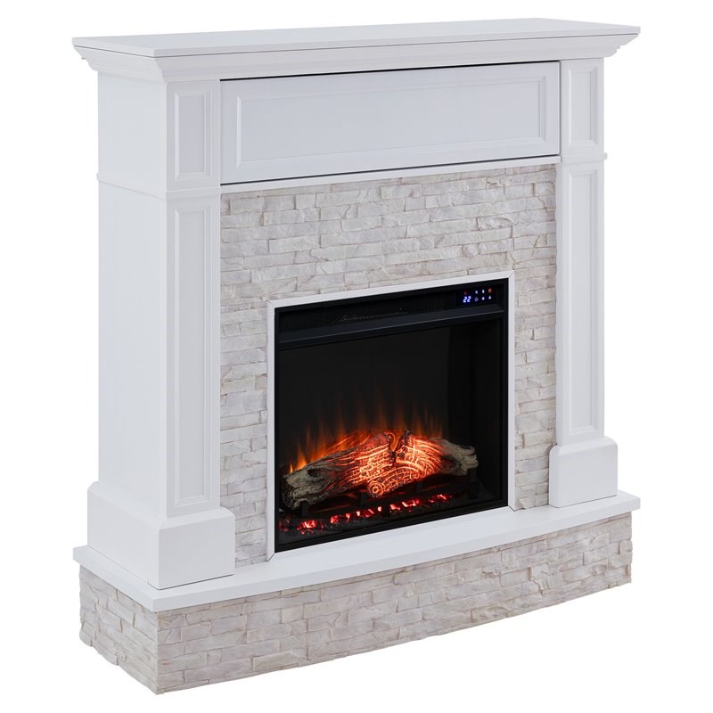 SEI Furniture Jacksdale Wood-Faux Stone Electric Media Fireplace in White