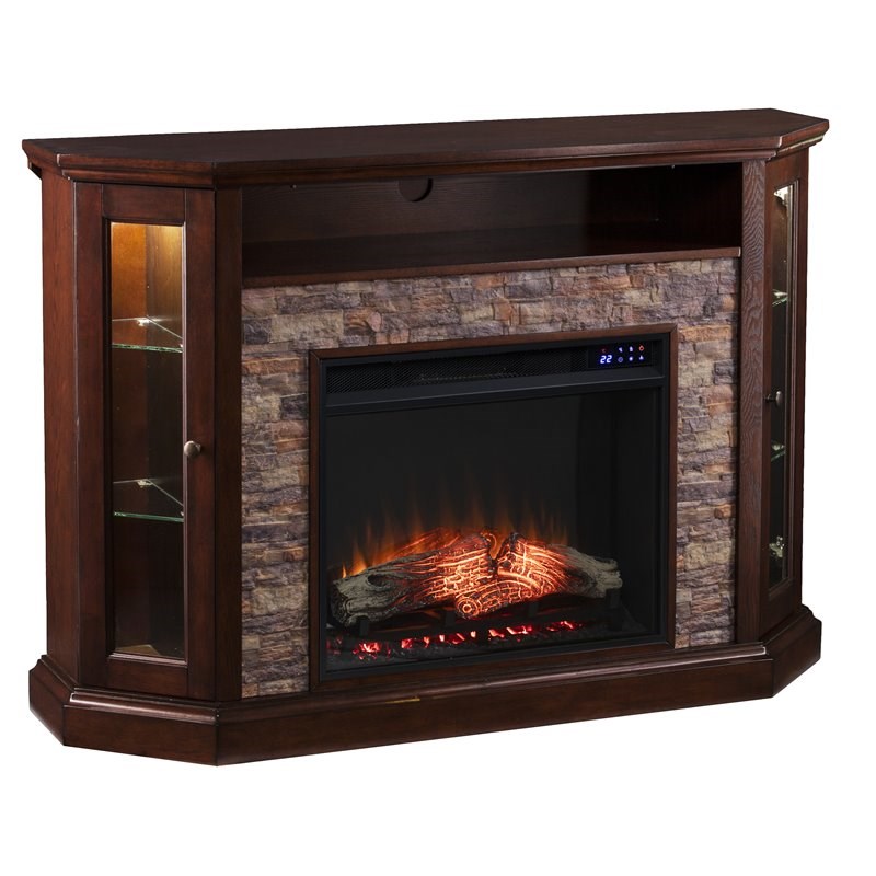 SEI Furniture Redden Wood Corner Convertible Electric Fireplace in Brown