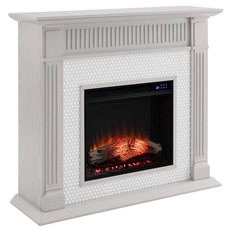SEI Furniture Chessing Wood Penny-Tiled Electric Fireplace in Gray