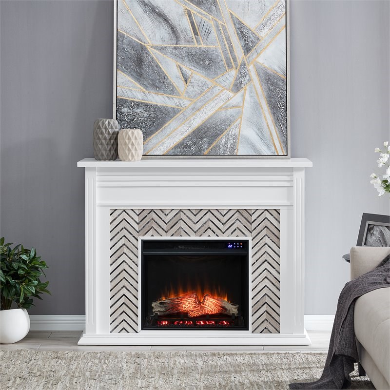 SEI Furniture Hebbington Wood-Tiled Marble Electric Fireplace in White