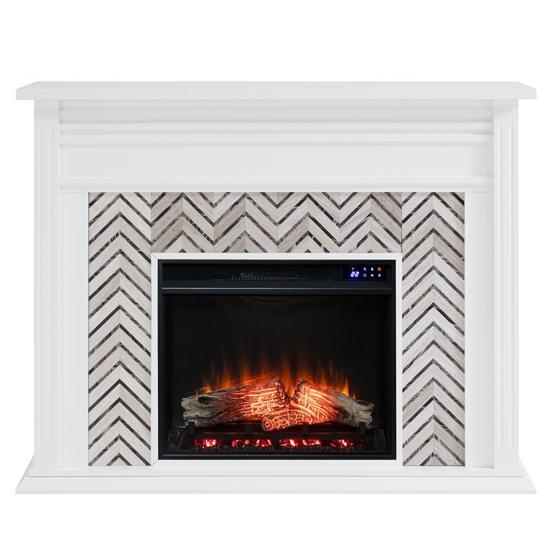 SEI Furniture Hebbington Wood-Tiled Marble Electric Fireplace in White