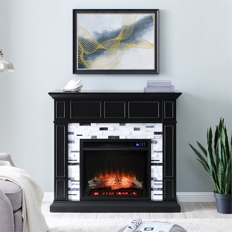 SEI Furniture Drovling Wood-Marble Electric Fireplace in Black