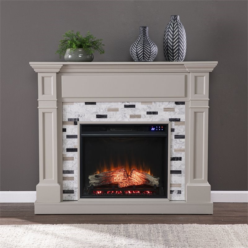 SEI Furniture Birkover Wood-Marble Electric Fireplace in Gray