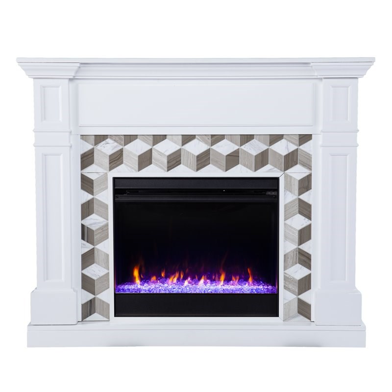 SEI Furniture Darvingmore Wood-Marble Color Changing Fireplace in White