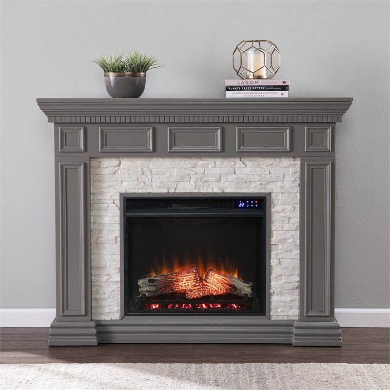 SEI Furniture Dakesbury Wood-Faux Stone Electric Fireplace in Gray