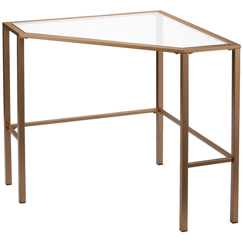 SEI Furniture Keaton Glass Top Metal Corner Writing Desk in Soft Gold