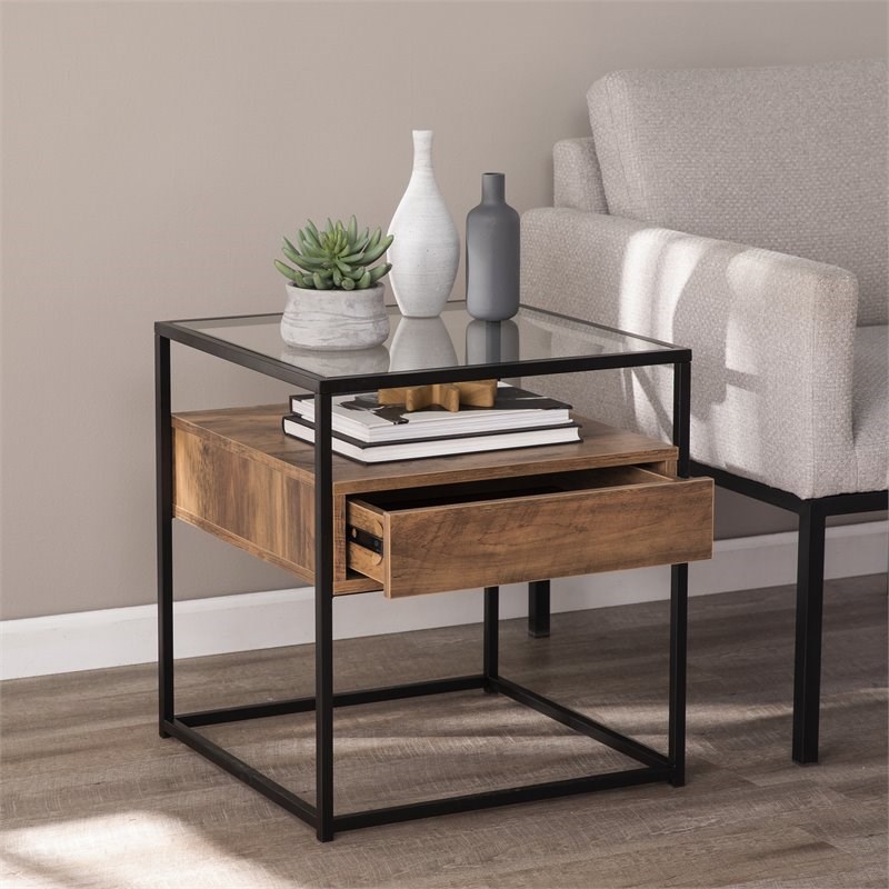 SEI Furniture Olivern 1 Drawer Glass Top End Table in Black and Natural