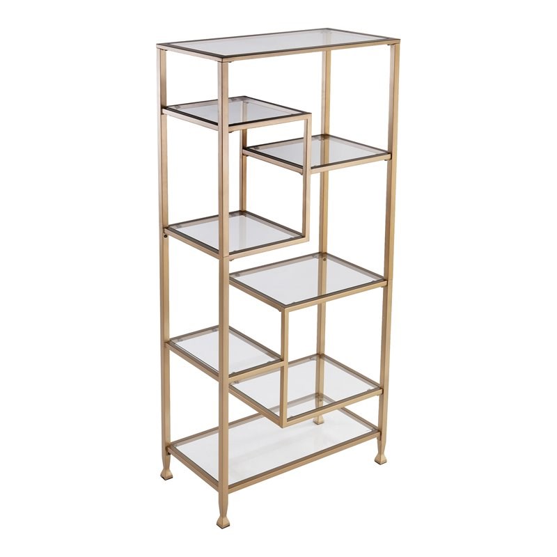 SEI Furniture Jaymes Metal-Glass Asymmetrical Bookcase in Soft Gold