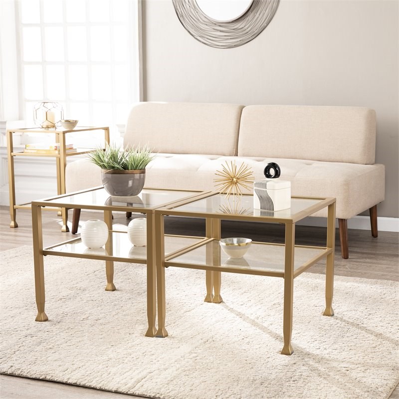 SEI Furniture Jaymes Tempered Glass Bunching Cocktail Table in Soft Gold
