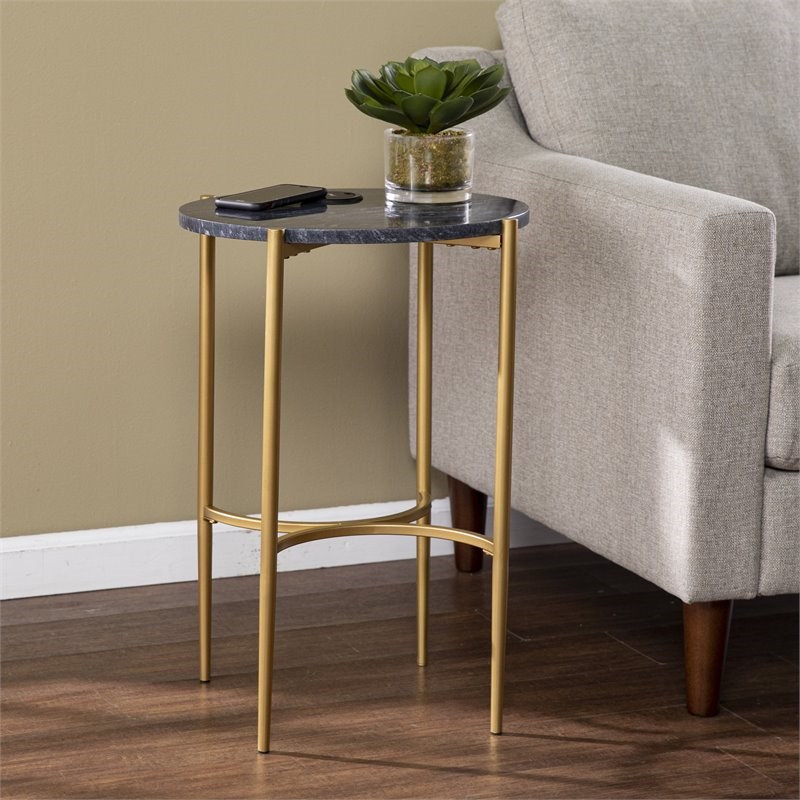 SEI Furniture Clarvin End Table with Wireless Charging Station Gold-Black
