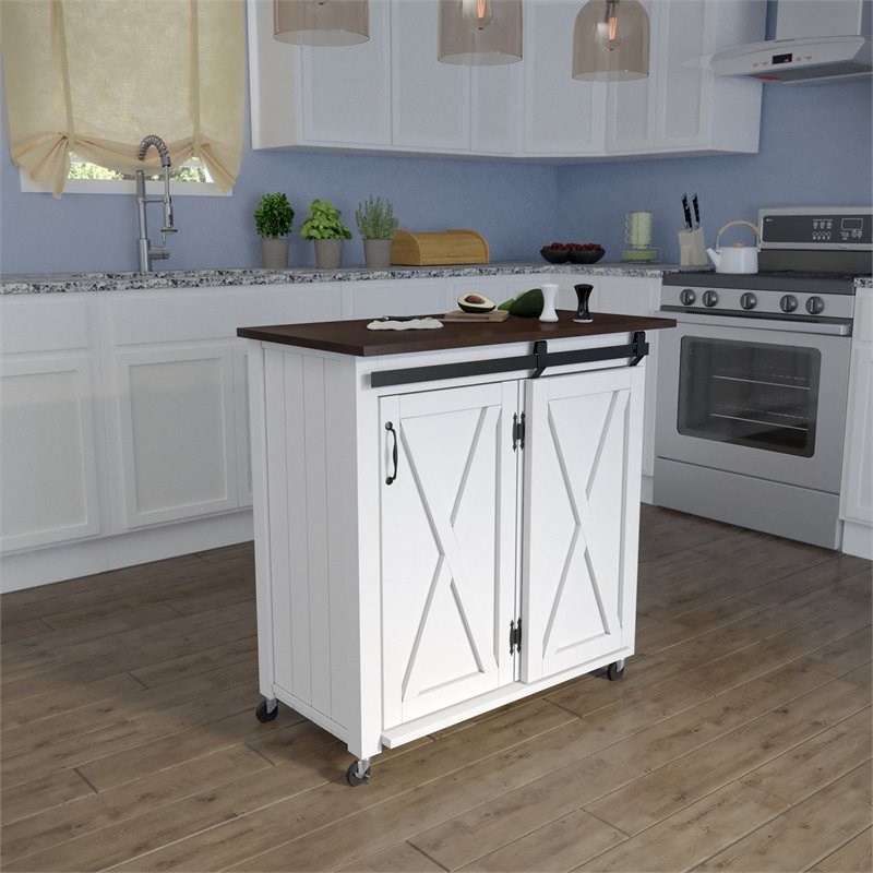 SEI Furniture Leshire Engineered Wood Barn-Door Kitchen Cart in Dark Brown/White