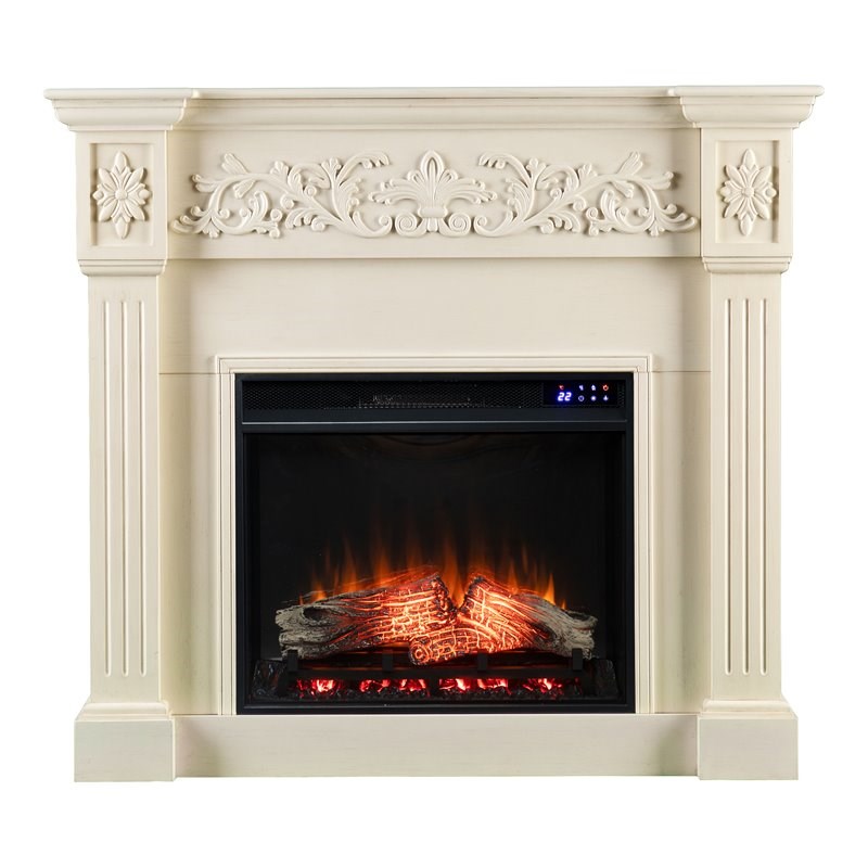 SEI Furniture Calvert Carved Touch Screen Electric Fireplace in Creamy Ivory