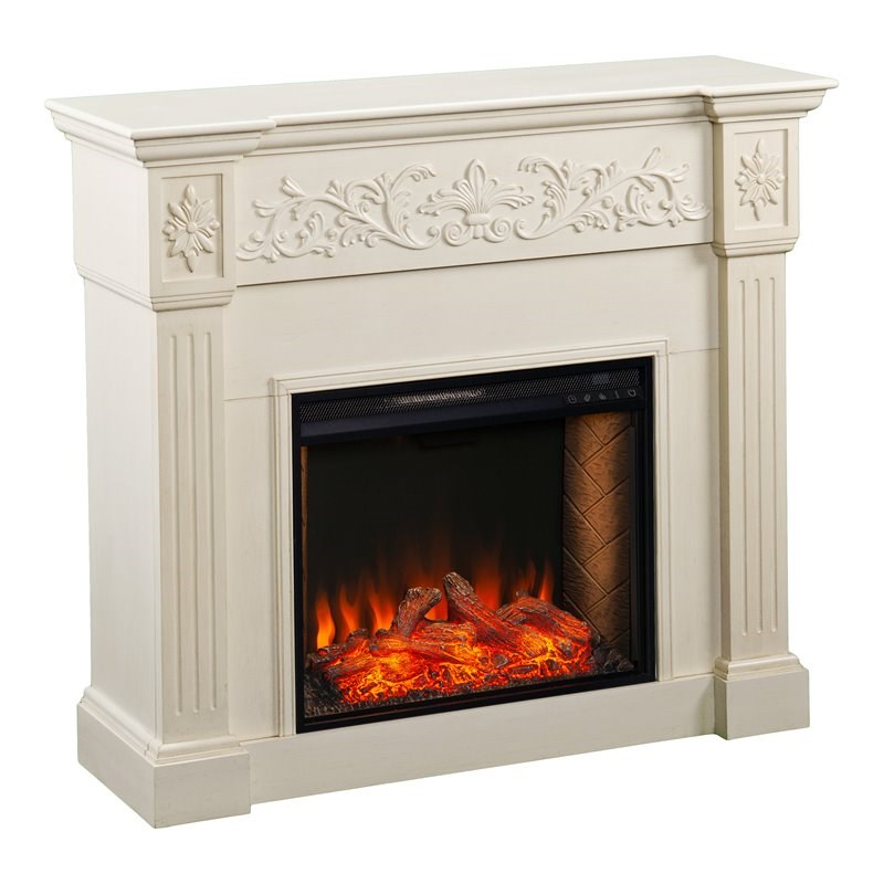 SEI Furniture Calvert Smart Electric Fireplace in Creamy Brushed Ivory