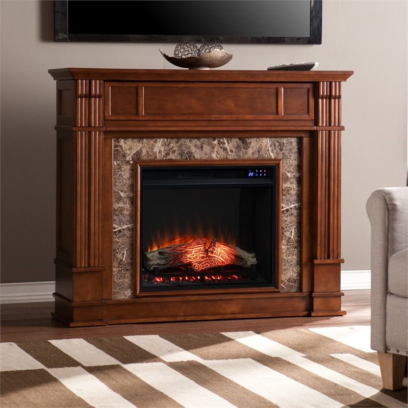 SEI Furniture Highgate Media Touch Screen Electric Fireplace in Whiskey Maple